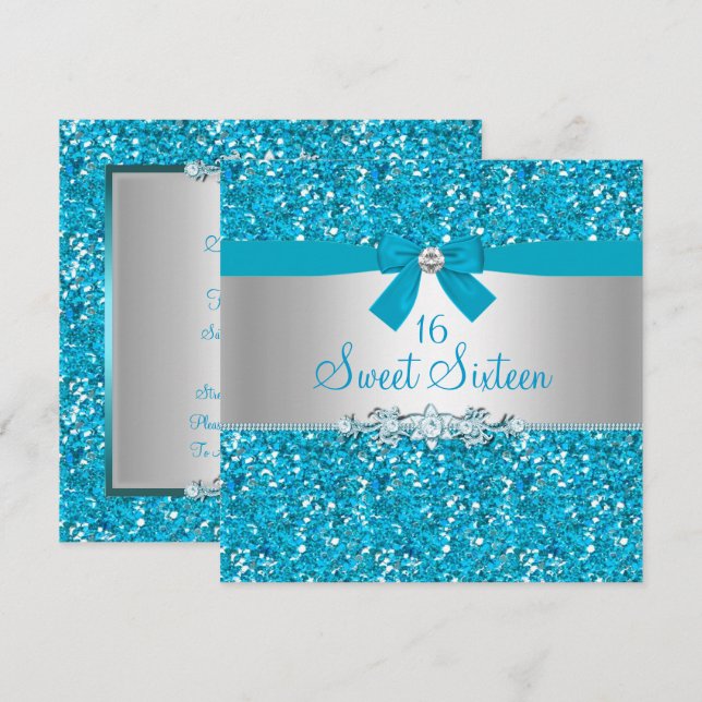 Blue Glitter Bow Sweet Sixteen Invite (Front/Back)
