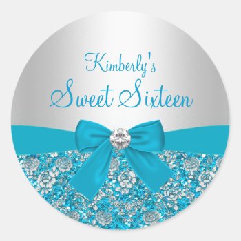 Blue Glitter & Bow Sweet Sixteen Sticker by ExclusiveZazzle at Zazzle