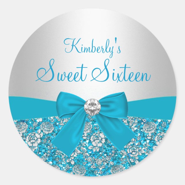 Blue Glitter & Bow Sweet Sixteen Sticker (Front)
