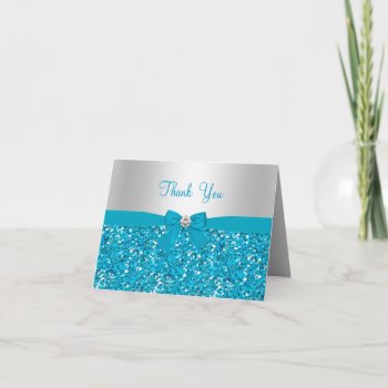 Blue Glitter & Bow Thank You Card by ExclusiveZazzle at Zazzle