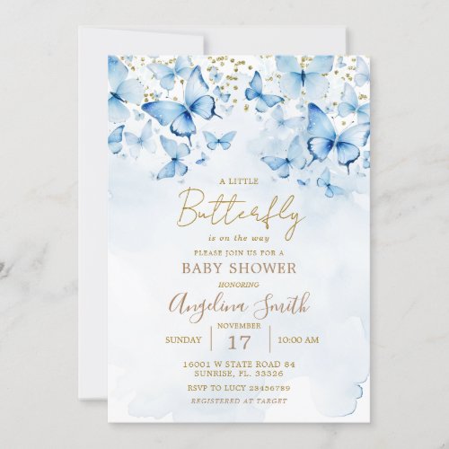 Blue Glitter Butterfly Baby Shower Invitation 