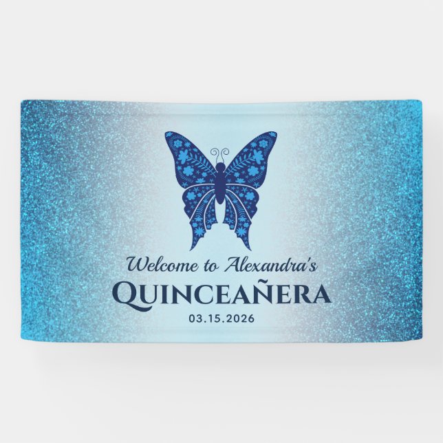 Blue Glitter Butterfly Quinceañera Banner (Horizontal)