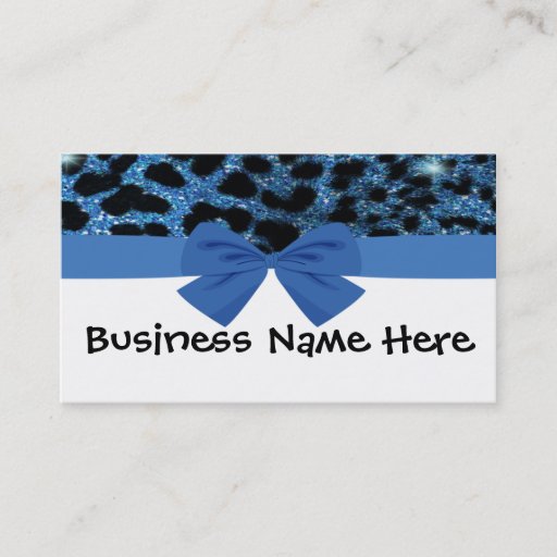 Customizable Blue Glitter Cheetah With Bow Business Card