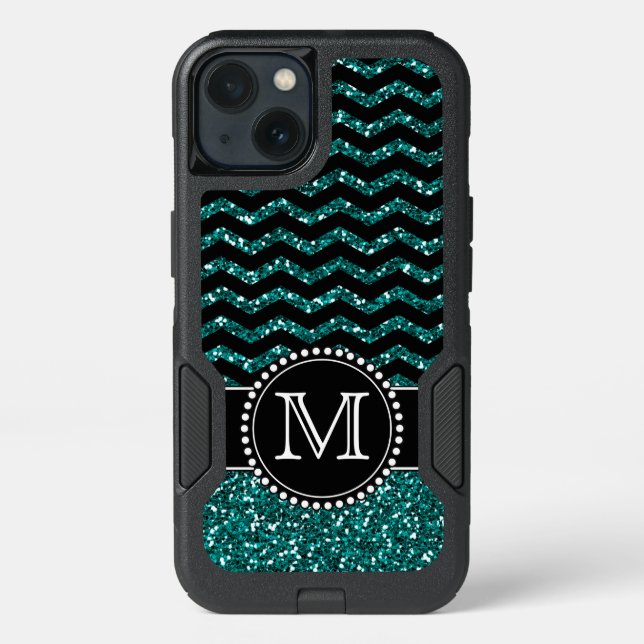 Blue Glitter Chevron Monogrammed Defender Otterbox iPhone Case (Back)