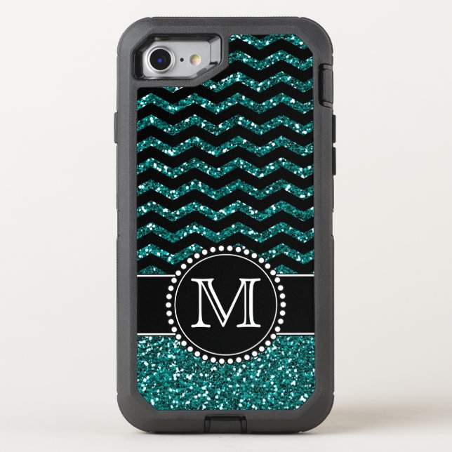 Blue Glitter Chevron Monogrammed Defender Otterbox iPhone Case (Back)
