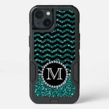 Blue Glitter Chevron Monogrammed Defender Iphone 13 Case by CoolestPhoneCases at Zazzle