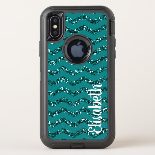 Blue Glitter Chevron Personalized OtterBox Defender iPhone X Case