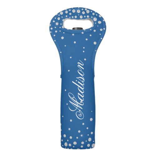 Blue Glitter Chic Diamonds Personalized Name Wine Bag