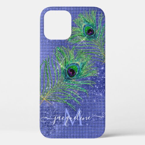 Blue Glitter Chic Girly Peacock Feathers Monogram iPhone 12 Case