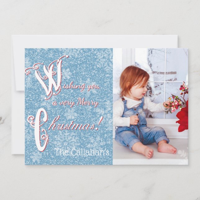 Blue Glitter Christmas Photo Card (Front)
