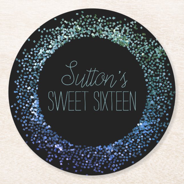 Blue Glitter Circle Round Paper Coaster (Front)