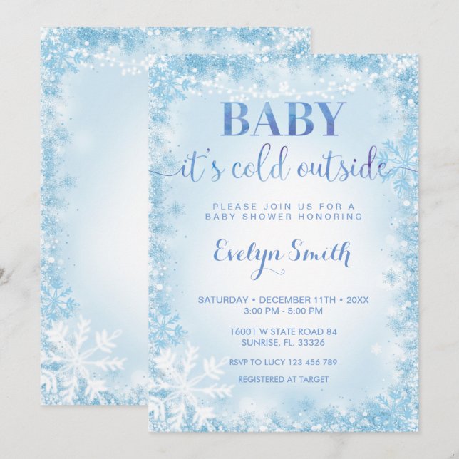 Blue Glitter Cold Outside Snowflake Baby Shower  I Invitation (Front/Back)