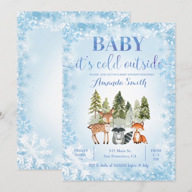 Blue Glitter Cold Outside Woodland Baby Shower  Invitation (Front/Back)
