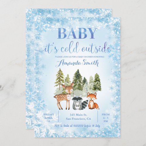Blue Glitter Cold Outside Woodland Baby Shower  Invitation