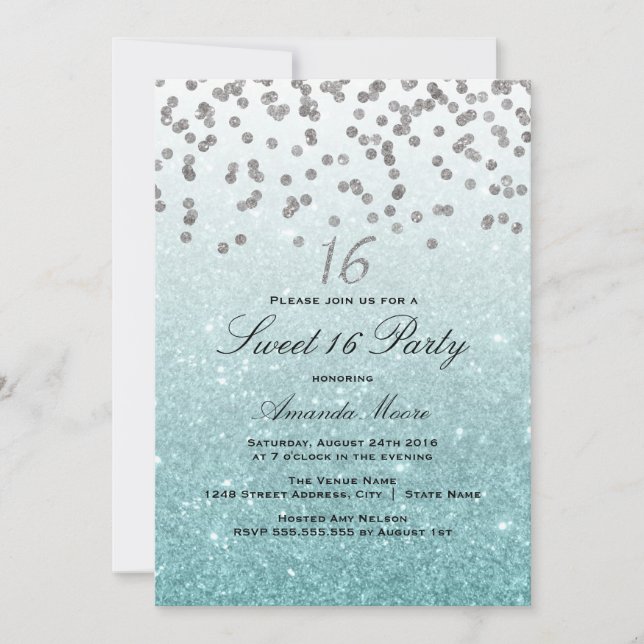 Blue Glitter Confetti Sweet 16 Invitation (Front)