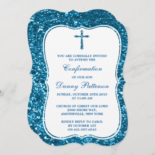 Blue Glitter Cross Holy Communion Or Confirmation Invitation