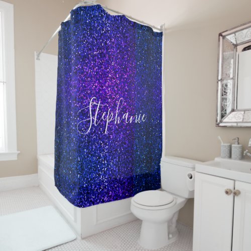Blue Glitter Custom Name Elegant Sparkle Modern Shower Curtain