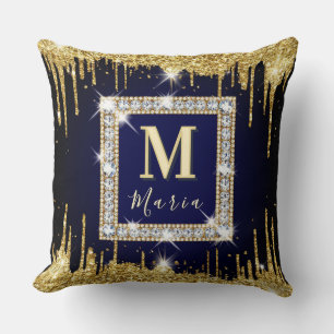 💎 Blue Glitter Custom Name Navy Spark Frame 💎 Throw Pillow