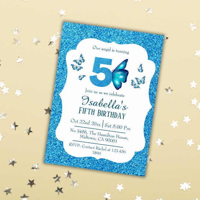 Blue glitter cute vibrant sparkling 5th birthday invitation (Creator Uploaded)