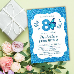 Blue glitter cute vibrant sparkling 8th birthday invitation