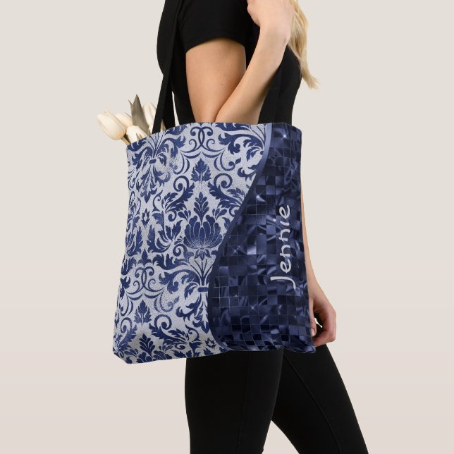 Blue Glitter Damask Pattern Glam Wave Personalized Tote Bag (Close Up)