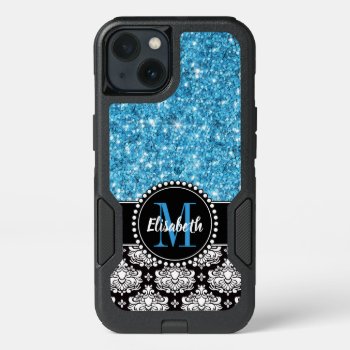 Blue Glitter Damask Personalized Monogrammed Iphone 13 Case by CoolestPhoneCases at Zazzle