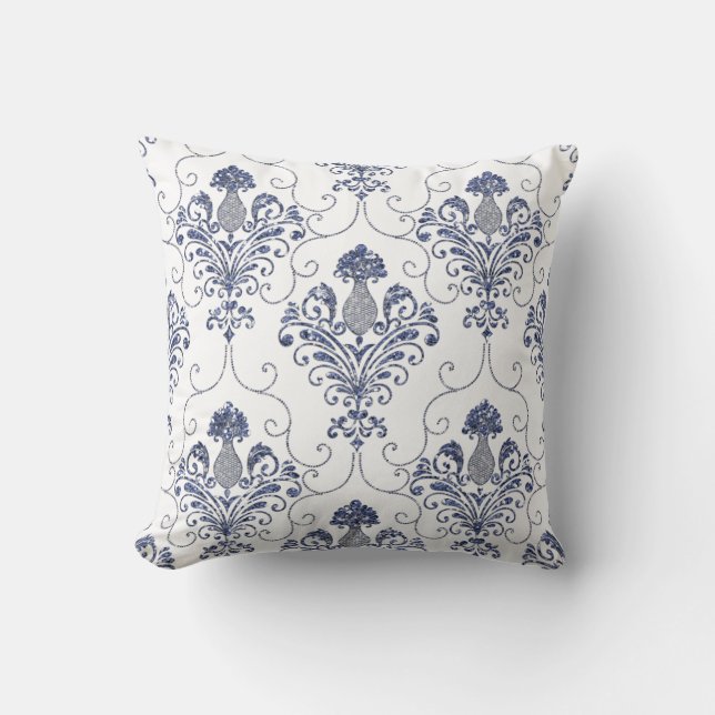 Blue Glitter Damask Reversible Throw Pillow (Front)