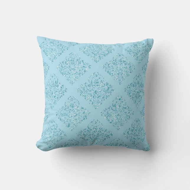 Blue Glitter Damask Throw Pillow (Front)