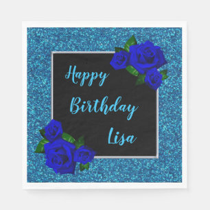 Blue Glitter Deep Blue Roses Birthday Napkins