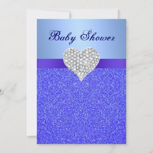 Blue Glitter Diamond Heart Baby Shower Invitation