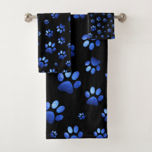 Blue glitter dog paw pattern bath towel set