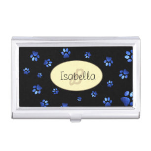 Blue glitter dog paw pattern, Monogram Business Card Case