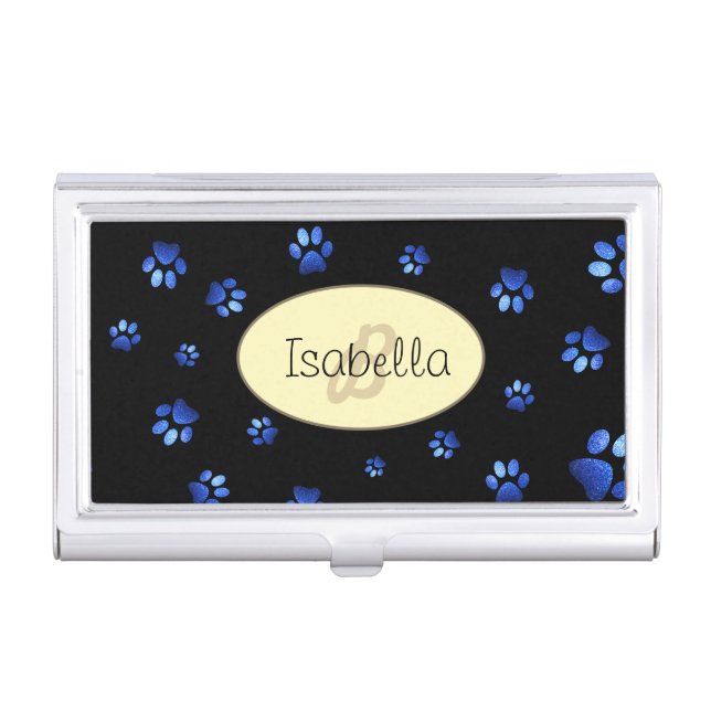 Blue glitter dog paw pattern, Monogram  Business Card Case (Front)