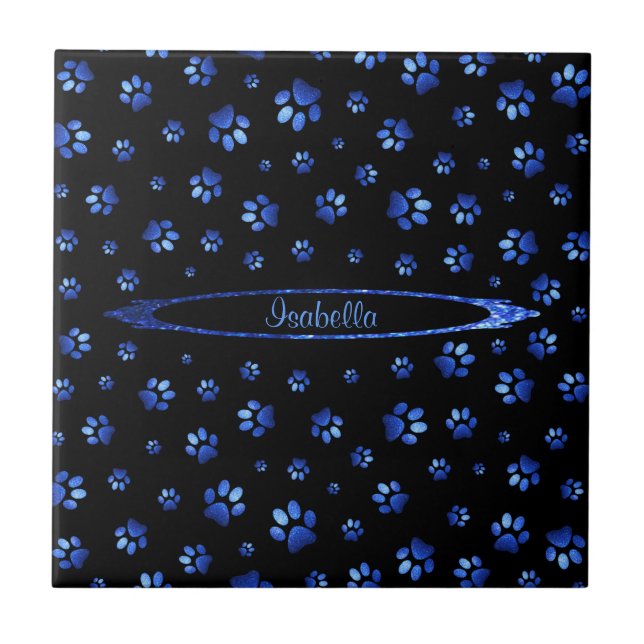 Blue glitter dog paw pattern Monogram  Ceramic Tile (Front)