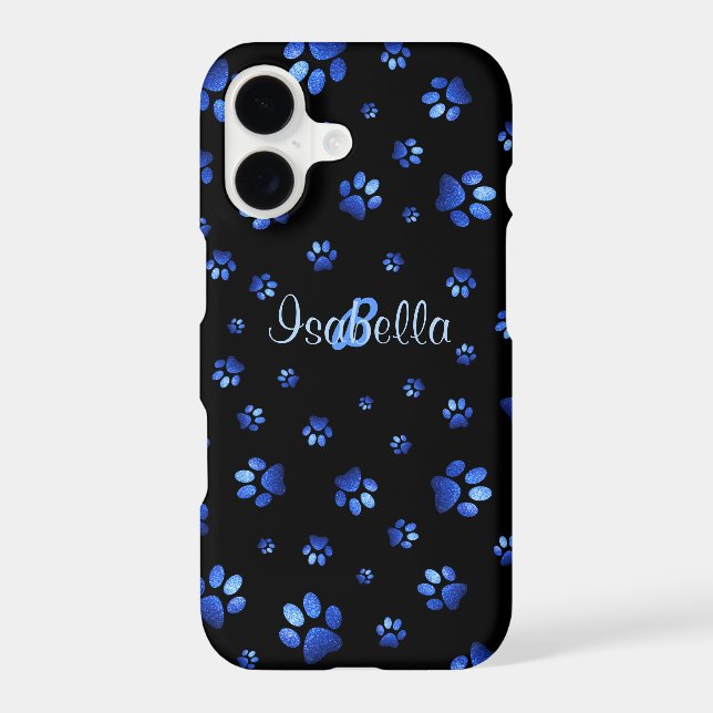 Blue glitter dog paw pattern, Monogram Iphone Case (Back)