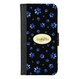 Blue glitter dog paw pattern, Monogram iPhone 8/7 Wallet Case