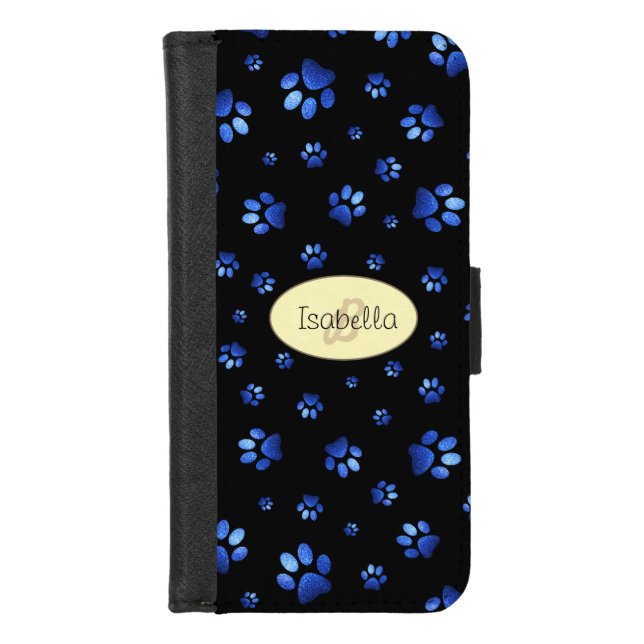 Blue glitter dog paw pattern, Monogram  iPhone Wallet Case (Front)