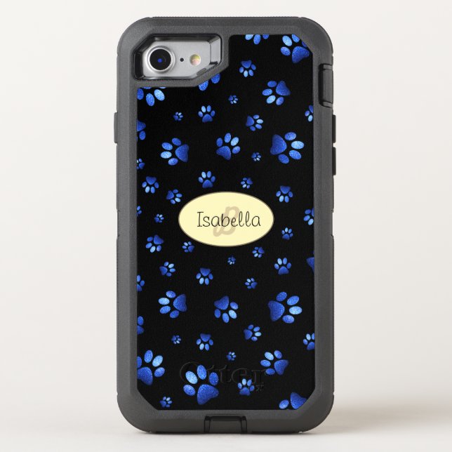 Blue glitter dog paw pattern, Monogram  Otterbox iPhone Case (Back)