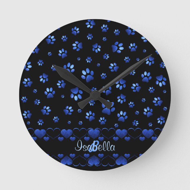 Blue glitter dog paw pattern, Monogram  Round Clock (Front)