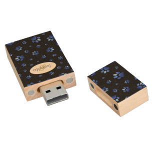 Blue glitter dog paw pattern, Monogram  Wood Flash Drive