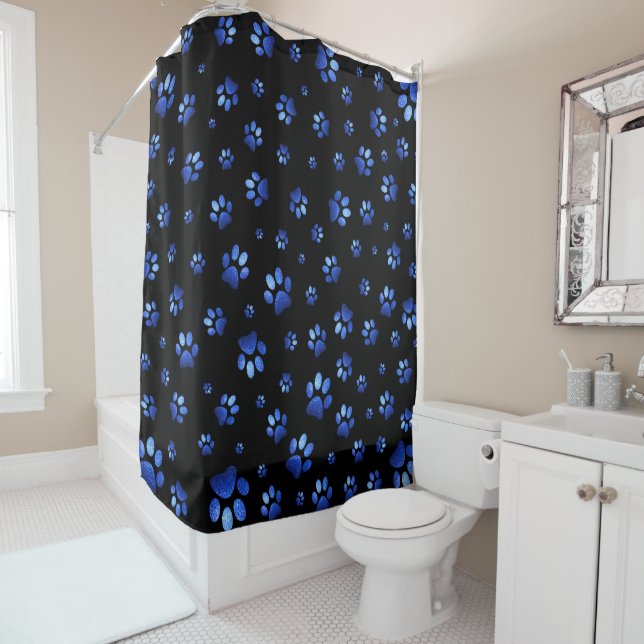 Blue glitter dog paw pattern  shower curtain (In Situ)