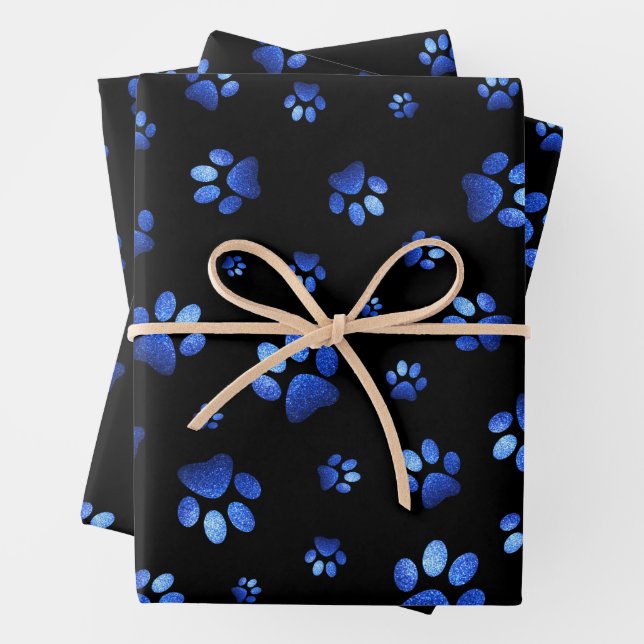 Blue glitter dog paw pattern  wrapping paper sheets (In situ)