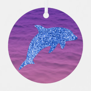 Blue Glitter Dolphin In Pink And Purple Sea Metal Ornament
