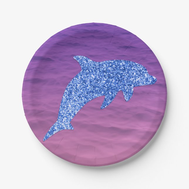 Blue Glitter Dolphin In Pink And Purple Sea Paper Plates (Front)