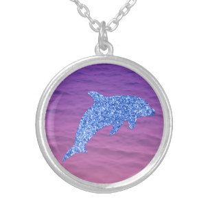 Blue Glitter Dolphin In Pink And Purple Sea Silver Plated Necklace