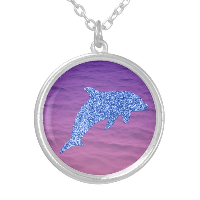 Blue Glitter Dolphin In Pink And Purple Sea Silver Plated Necklace (Front)