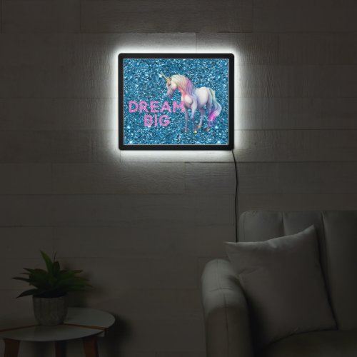 Blue Glitter Dream Big Unicorn  LED Sign