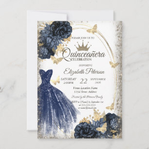 Blue Glitter Dress,Roses,Butterflies Quinceañera Invitation