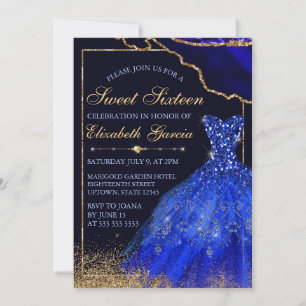 Blue Glitter Dress with Gold Agate Glam Sweet 16 Invitation