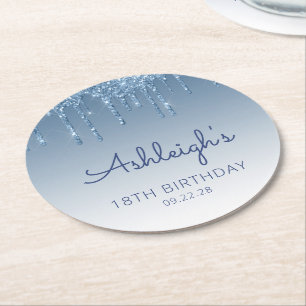 Blue Glitter Drip 18th Birthday Party Round Paper Coaster